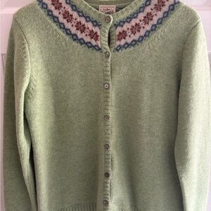 L.L. Bean Light Green Fair Isle Yoke Wool Cardigan